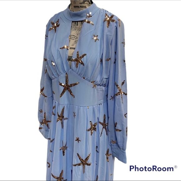 NWOT Blue Beaded Chiffon Maxi Dress Size L - Picture 5 of 8